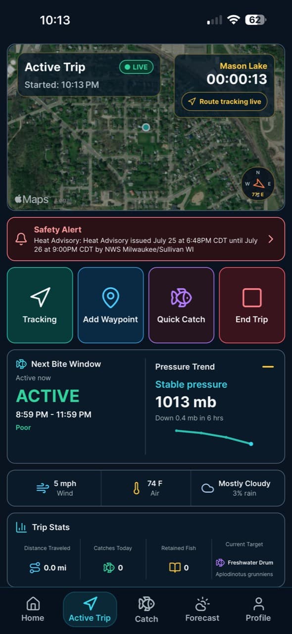 Active trip feature in the Wake and Lake fishing log app