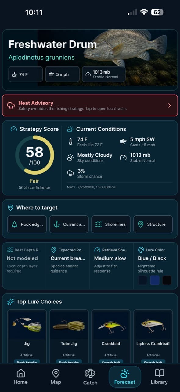 Fish identification and species strategy app screen