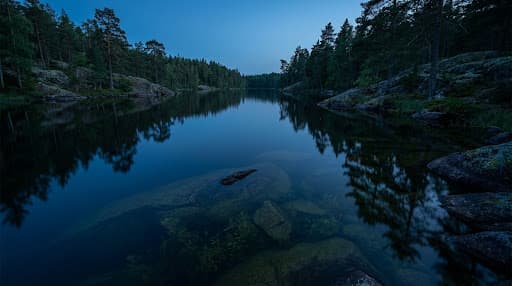 Calm dark lake with visible rock structure